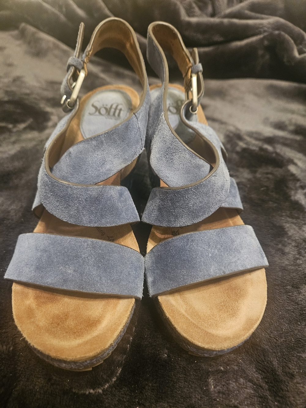 Sofft Blue Suede Wedge Sandals with Ankle Strap